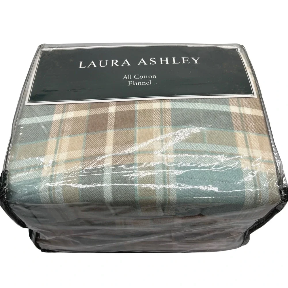 Laura Ashley Full Sheet Set Flannel Blue Brown Plaid 4 Piece New